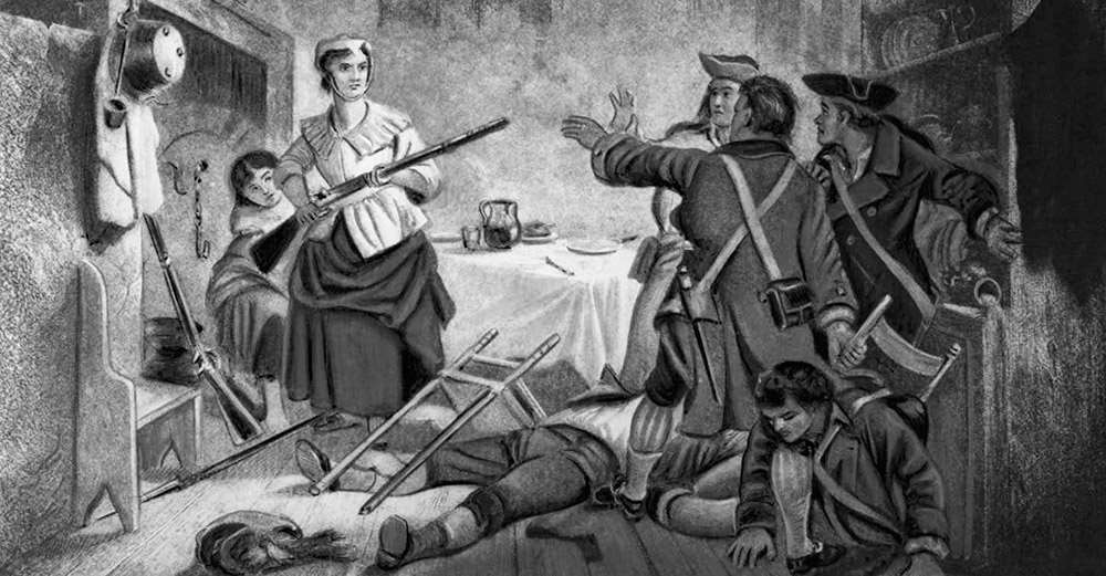 Nancy Morgan Hart, is depicted here defending her home