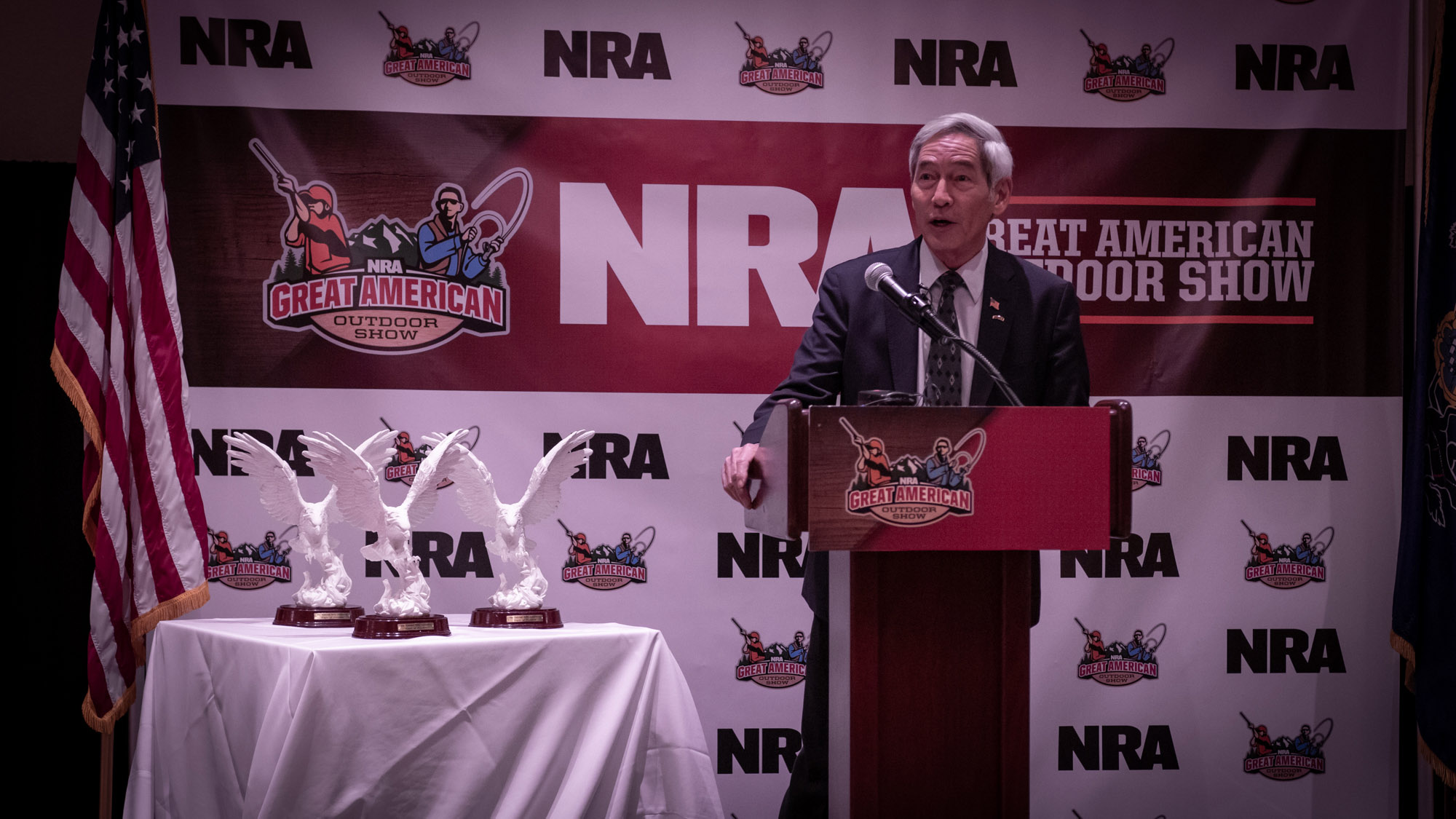 NRA First Vice President Willes Lee speaking to the crowd at the 2022 NRA Great American Outdoor Show opening ceremony.