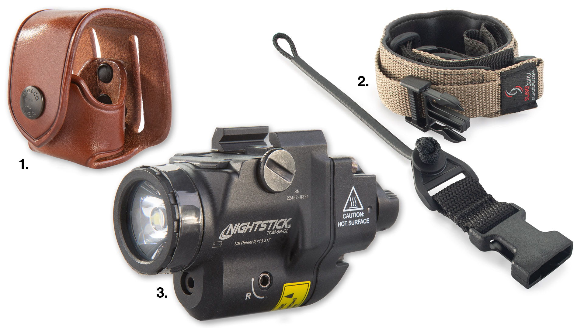 First Gear | Galco Cobra Speedloader Carrier, Sling Guru EXO 13 sling, Nightstick TCM-5B-GL subcompact gun-mounted light